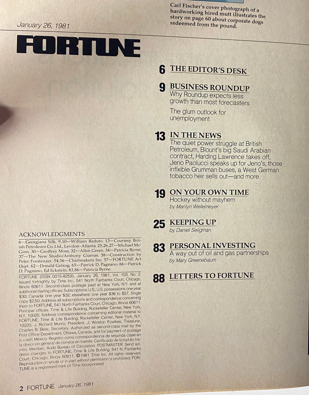 Interior page of Fortune Magazine January 26, 1981, listing contents including articles like 'The Editor's Desk' and 'Business Roundup.' This page highlights economic insights relevant to corporate strategies.