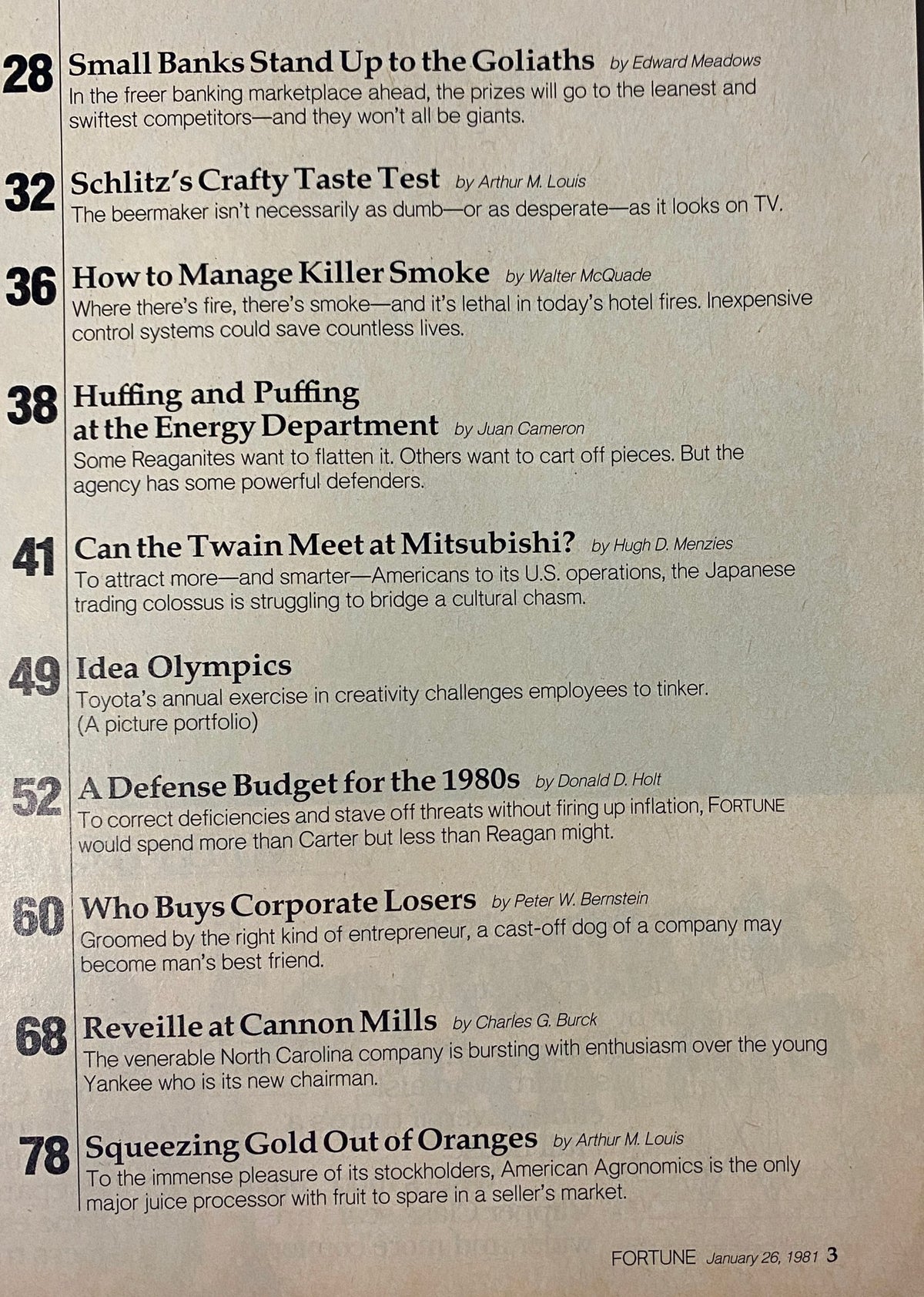 Table of contents from Fortune Magazine January 26, 1981, showcasing articles including 'Who Buys Corporate Losers' and other economic insights from the 1980s.