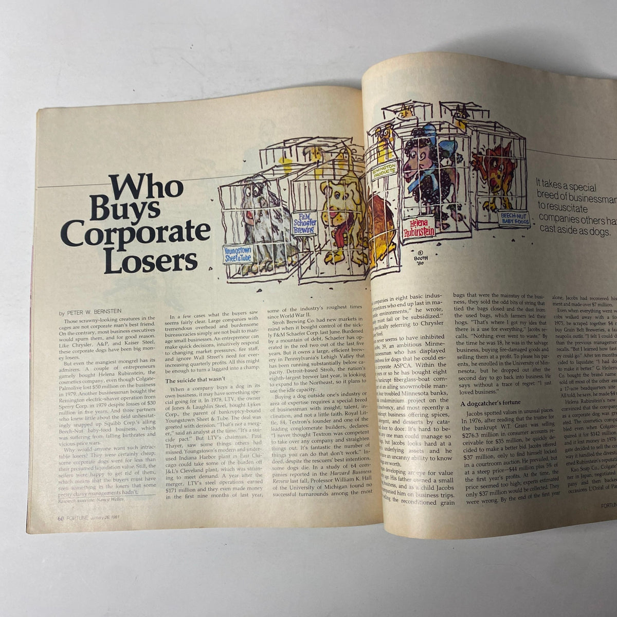 Article spread titled 'Who Buys Corporate Losers' from Fortune Magazine January 26, 1981, featuring a creative illustration of animals in cages, symbolizing distressed companies.