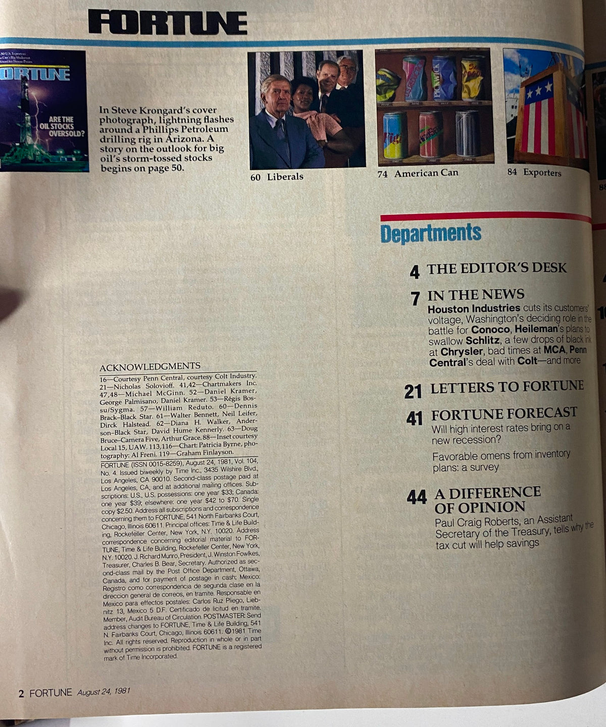 Table of contents page from Fortune Magazine August 24, 1981, highlighting featured articles and sections including 'Are the Oil Stocks Oversold?'