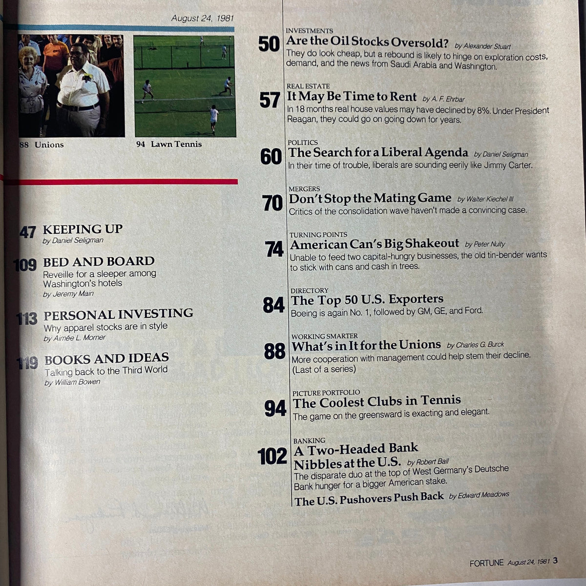 Interior page from Fortune Magazine August 24, 1981, listing content including 'Are the Oil Stocks Oversold?' and additional articles related to economics and investments.
