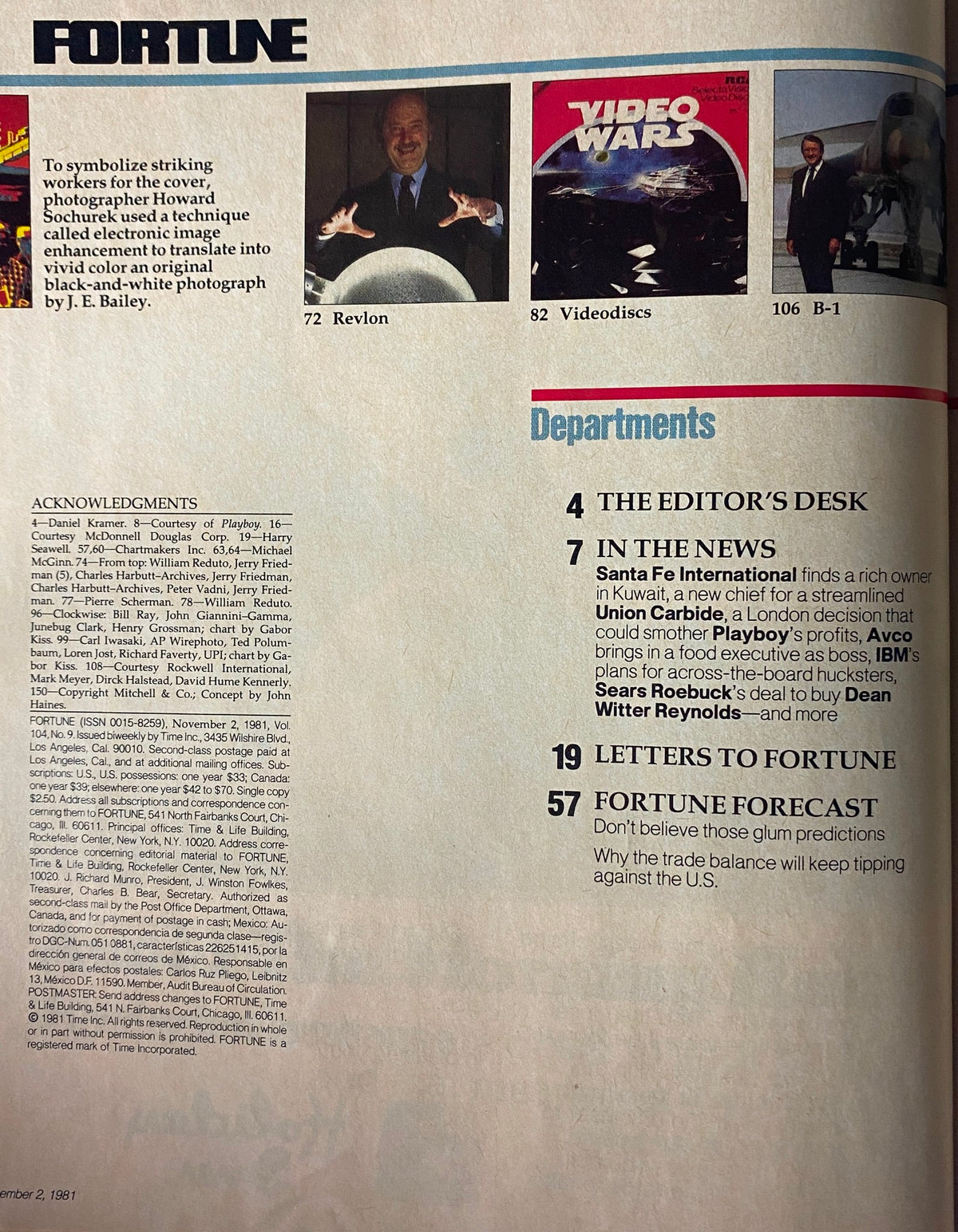 Interior page of Fortune Magazine, November 2, 1981. Features acknowledgments and a table of contents page with articles relevant to business and economic history.