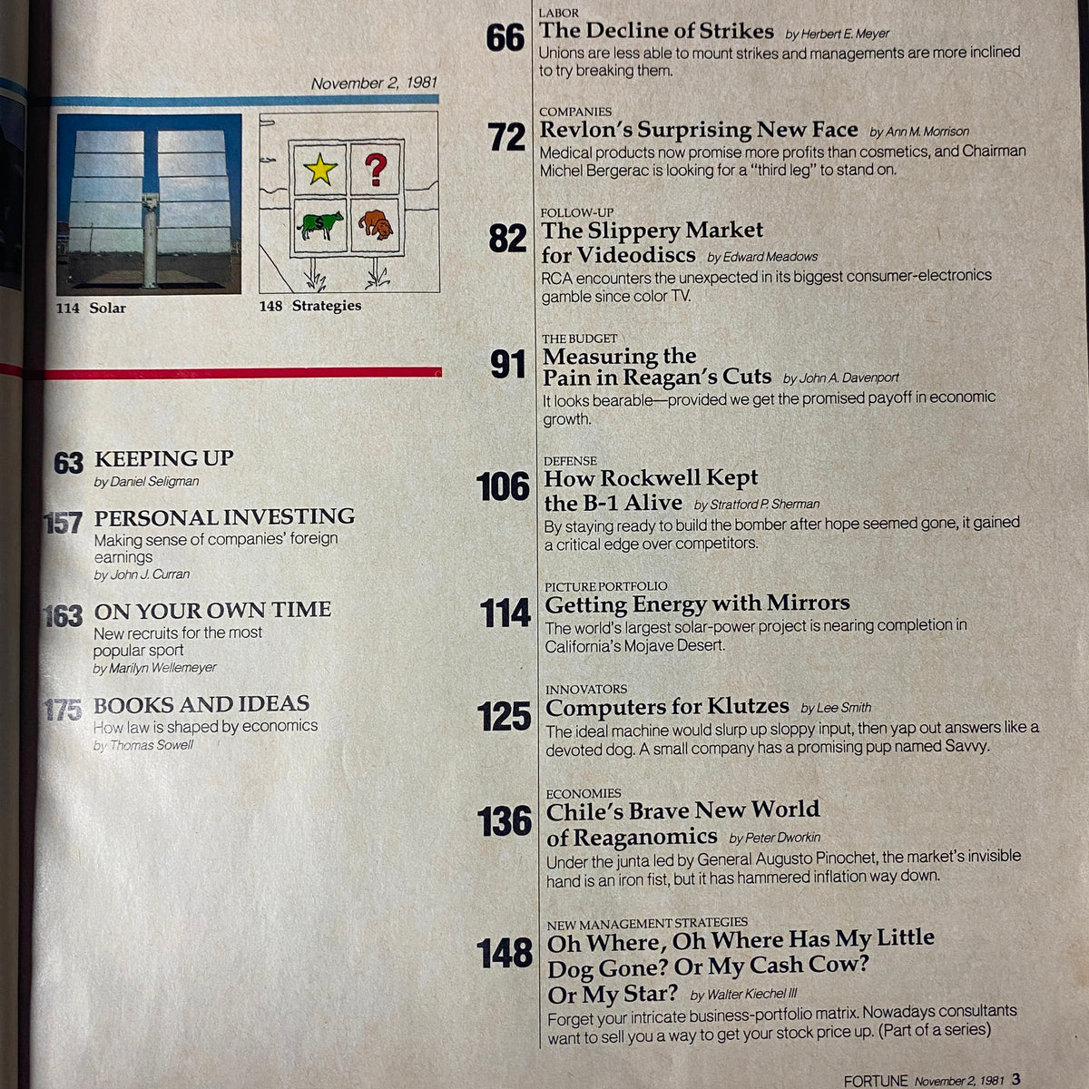 Table of contents from Fortune Magazine November 2, 1981, featuring articles like 'The Decline of Strikes' and highlighting business trends and economic insights.