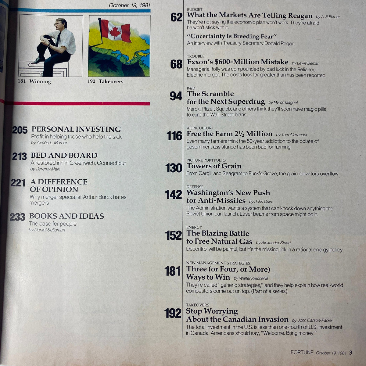 Table of contents from Fortune Magazine October 19, 1981, featuring key articles including 'Exxon's $600-Million Mistake' and 'Winning'.