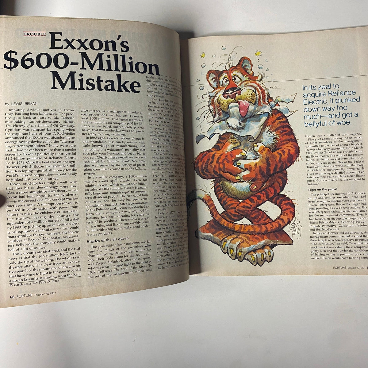 The article titled 'Exxon's $600-Million Mistake' from Fortune Magazine October 19, 1981, discussing Exxon's failed investment in Reliance Electric, accompanied by an illustrative cartoon.