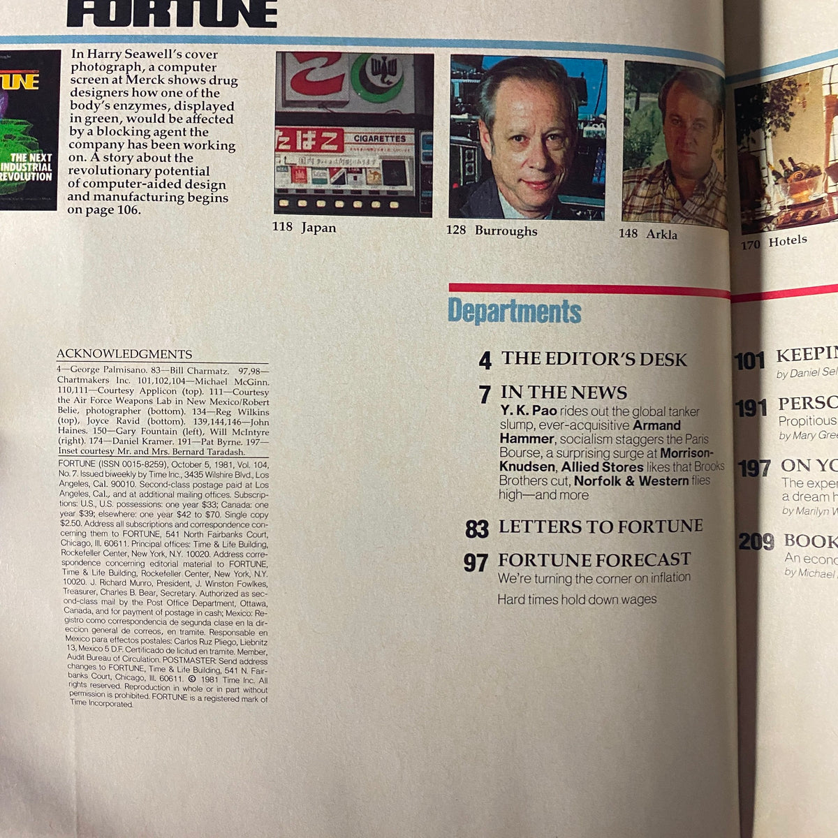 Interior page from Fortune Magazine October 5, 1981, showing department listings and acknowledgments, reflecting the magazine's focus on industry and economic insights.