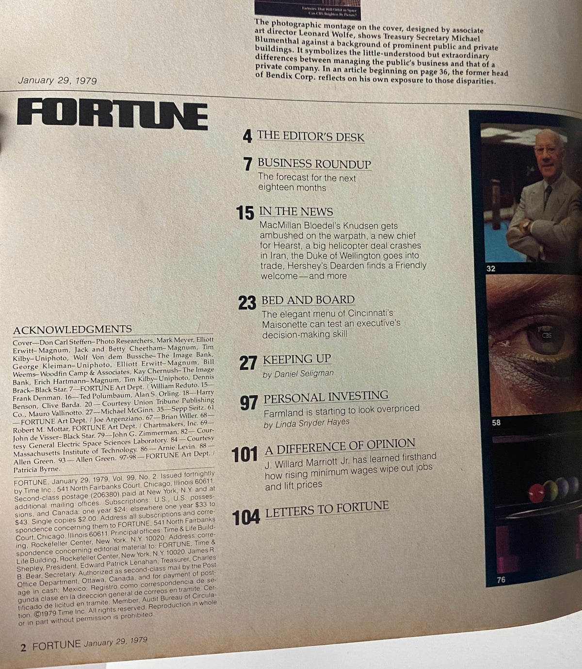 Table of contents for Fortune Magazine January 29, 1979, featuring articles like 'The Editor's Desk', 'Business Roundup', and insights from Treasury Secretary Michael Blumenthal.