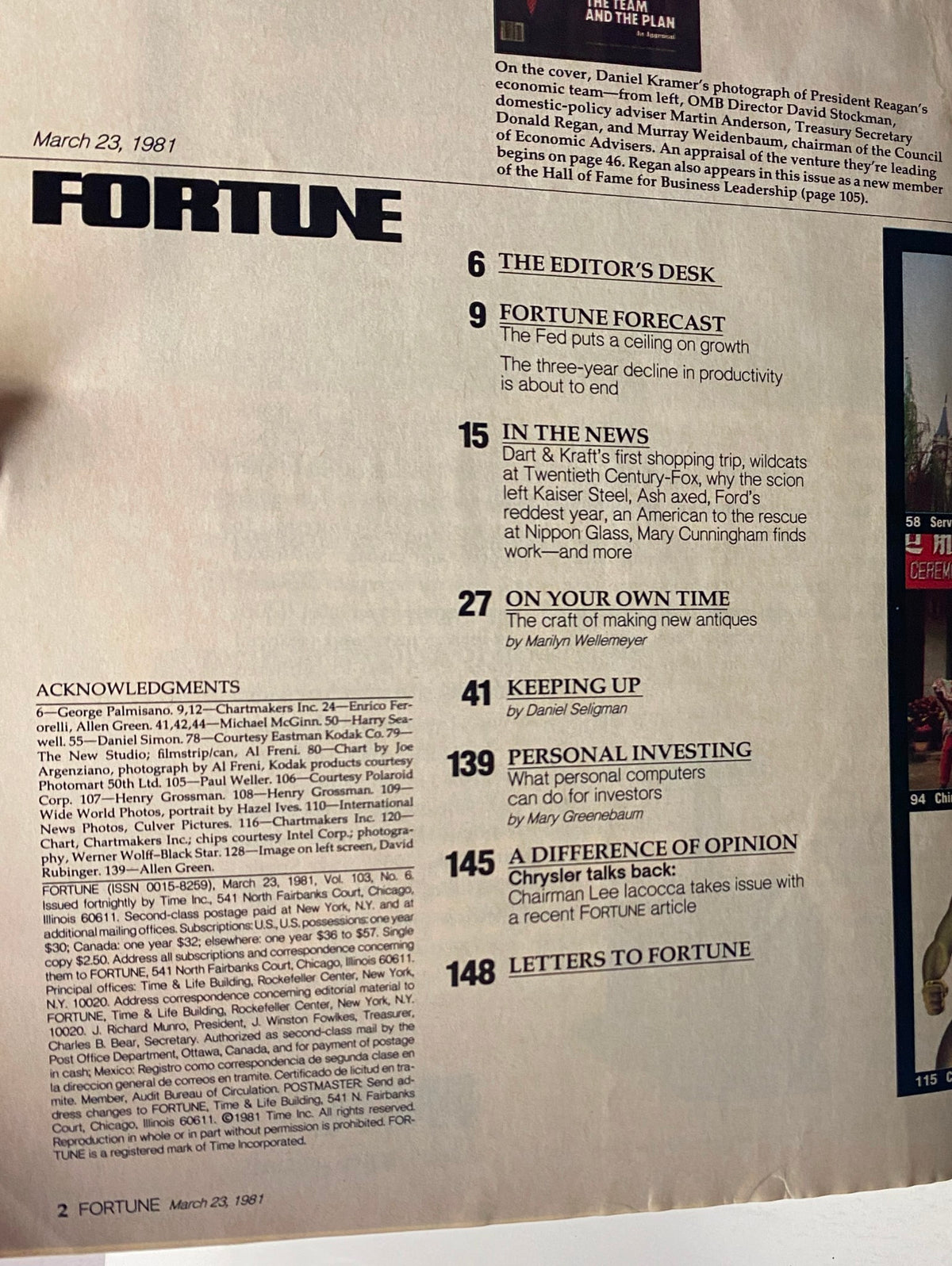 Contents page of Fortune Magazine from March 23, 1981, displaying section titles including 'Fortune Forecast' and 'In the News', showcasing articles about corporate events and economic trends of the time.