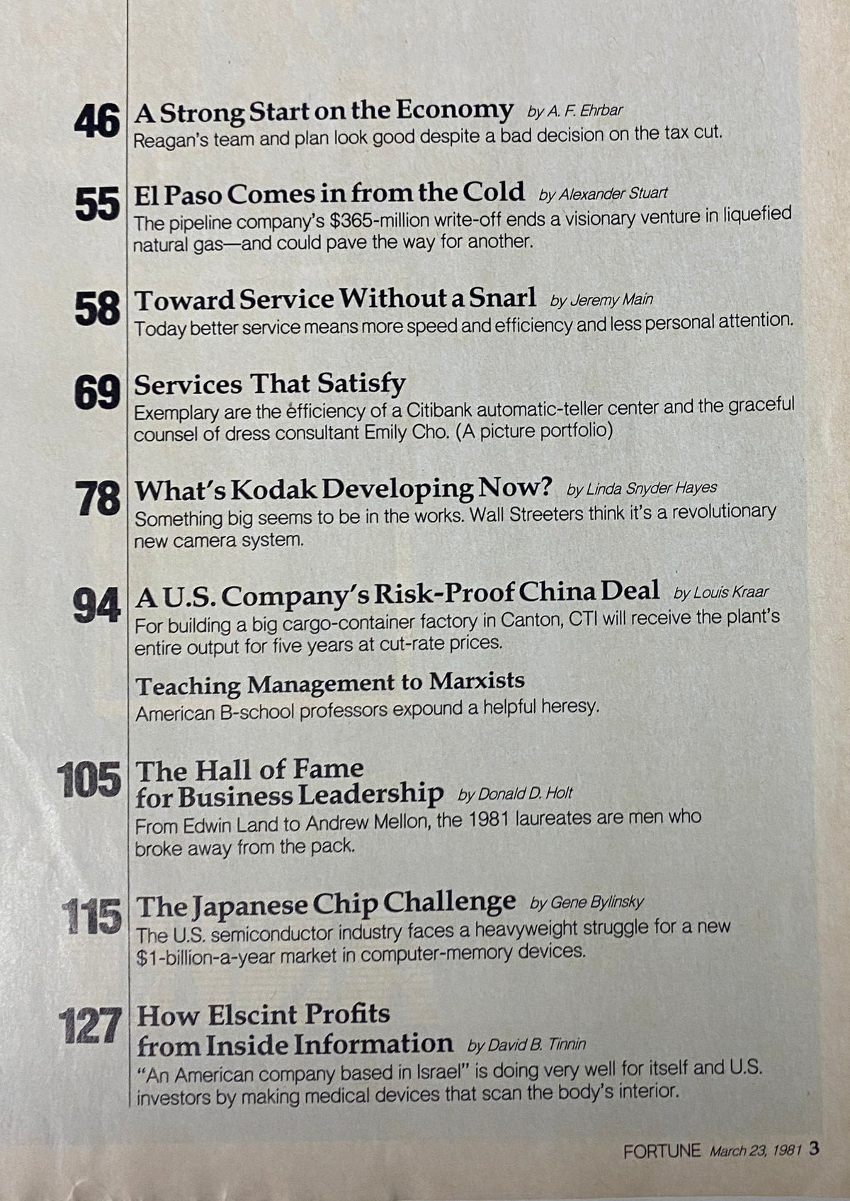 Table of contents from Fortune Magazine March 23, 1981, showcasing articles on the economy, corporate movements, and influential business topics, including 'A Strong Start on the Economy' and 'The Japanese Chip Challenge'.