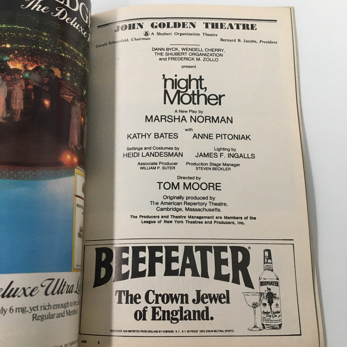 Advertisement within the 1983 Playbill for 'Night Mother' by Marsha Norman at John Golden Theatre, highlighting Kathy Bates and Anne Pitoniak.