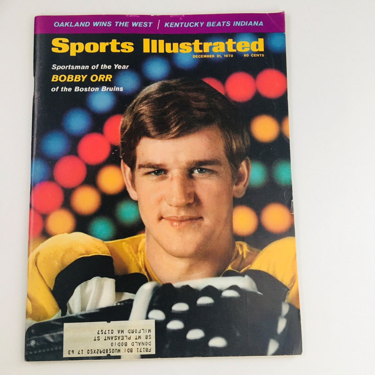 Sports Illustrated Magazine December 21 1970 featuring Bobby Orr of the Boston Bruins, showcasing a vintage cover with a colorful background and highlighting Orr as Sportsman of the Year.