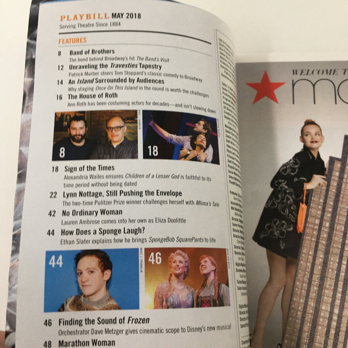 Interior page from the May 2018 Playbill featuring various Broadway shows and articles, including a highlight on The Band's Visit and a nod to the show's popularity.