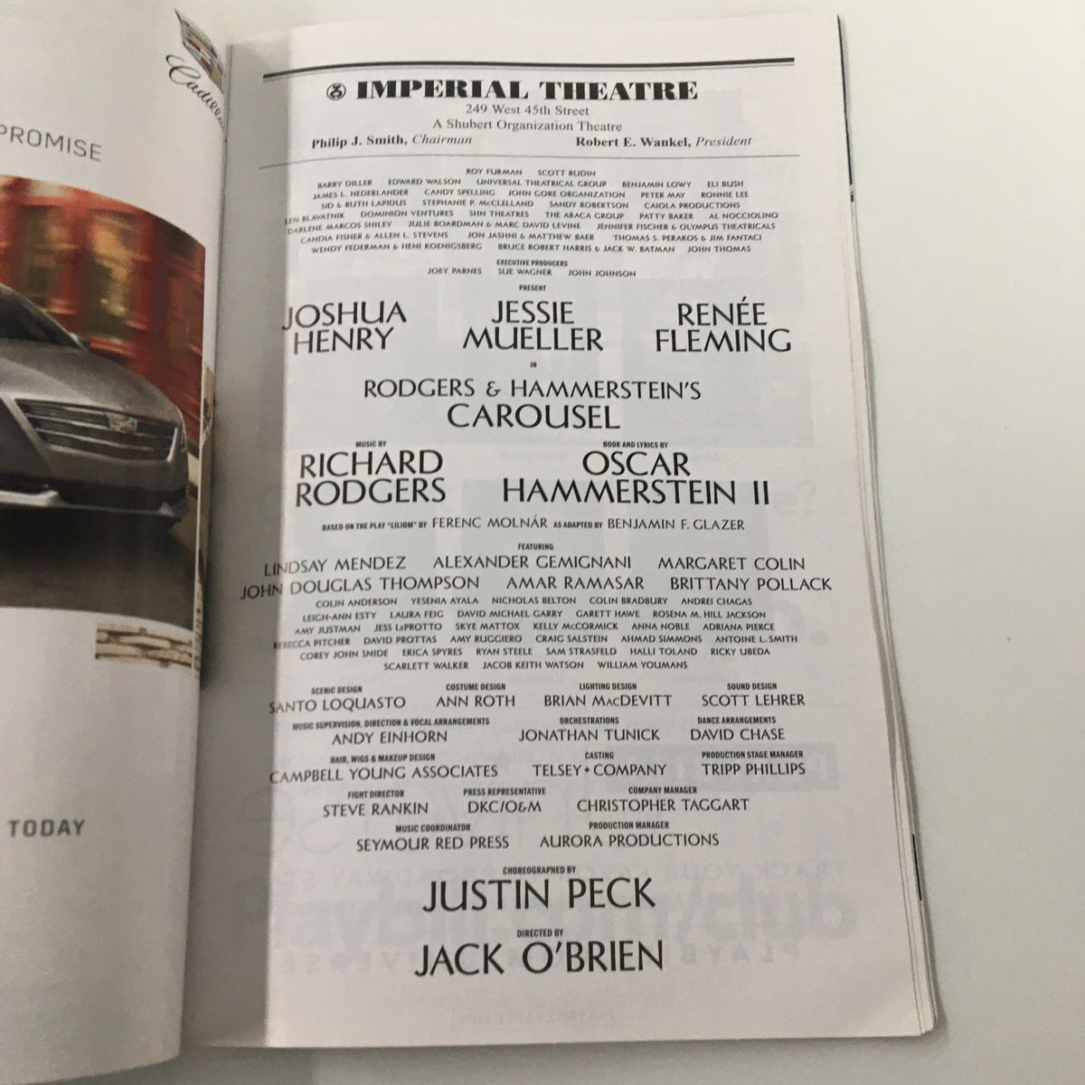 An advertisement page featuring the cast of Rodgers & Hammerstein's Carousel at the Imperial Theatre, including Joshua Henry, Jessie Mueller, and Renée Fleming.