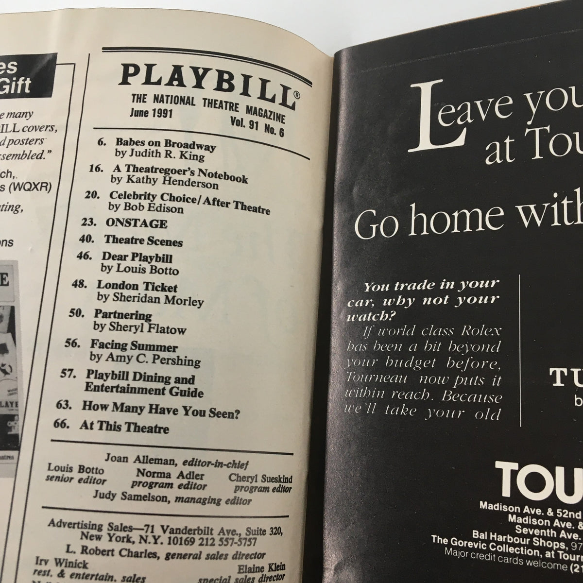 Inside page of the 1991 Playbill for The Secret Garden, featuring the table of contents and articles related to the production and theatre scene.