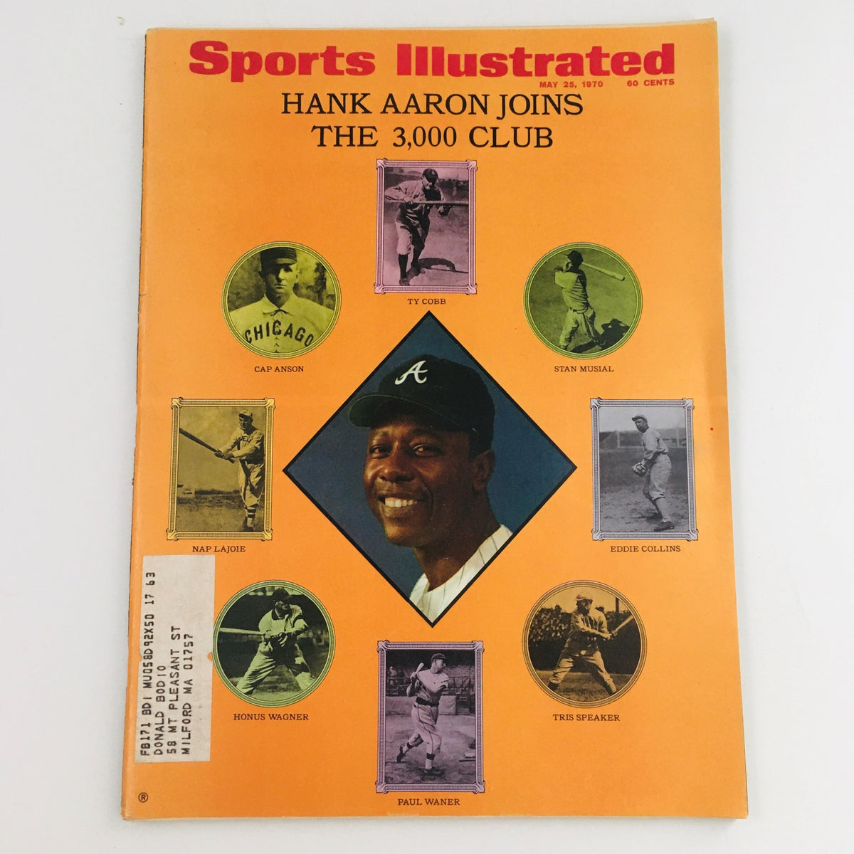 Sports Illustrated Magazine cover from May 25, 1970, featuring Hank Aaron joining the 3,000 Club with vintage baseball icons including Cap Anson, Ty Cobb, and Stan Musial.