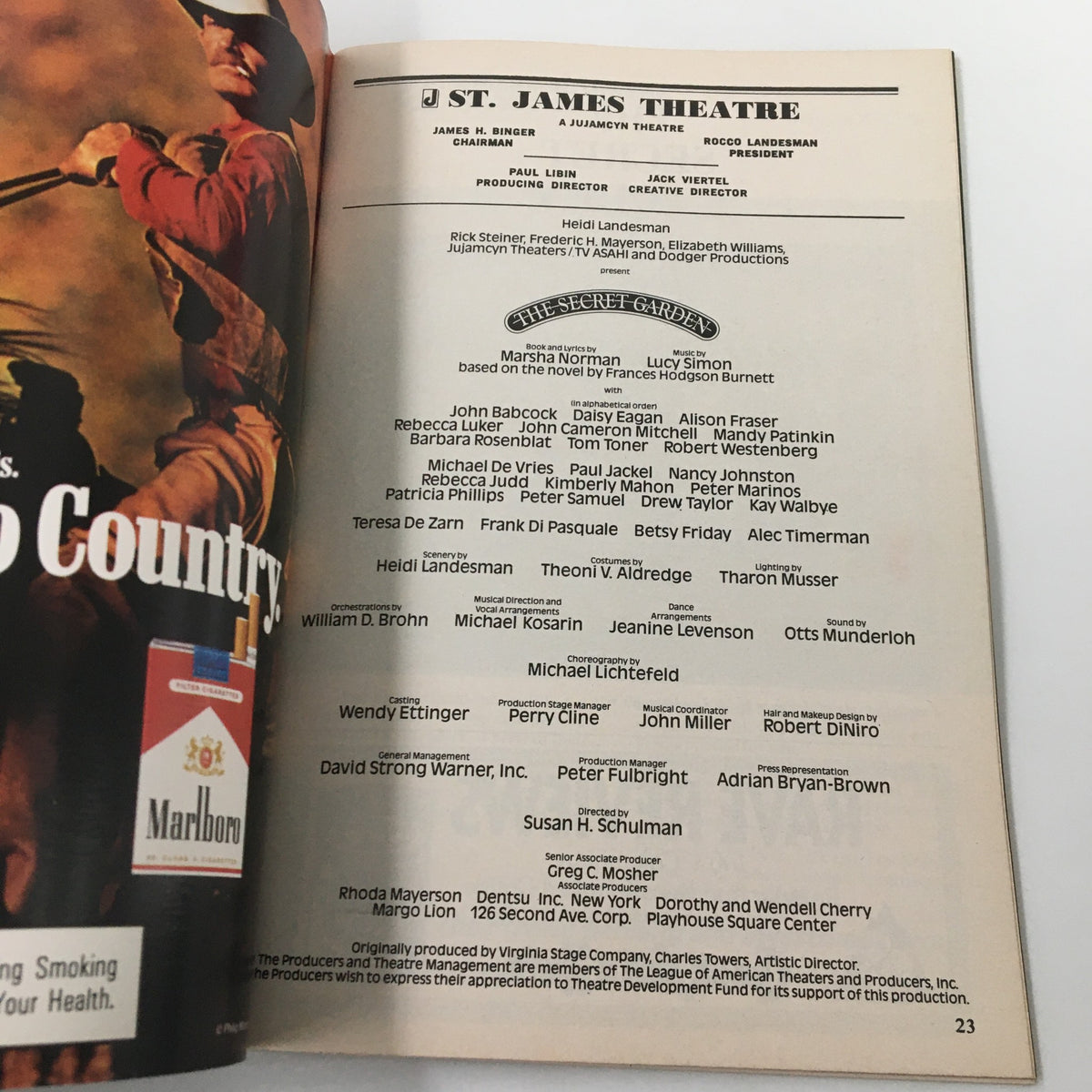 Cast and production credits page from the 1991 Playbill for The Secret Garden, listing key contributors and details of the show at St. James Theatre.
