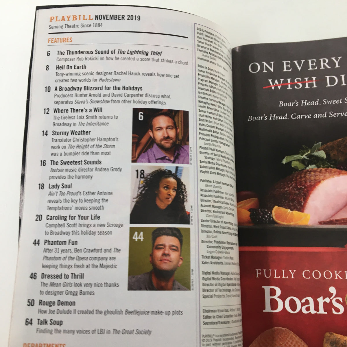 Inside page of the 2019 Playbill for The Sound Inside with features including cast and crew information, showcasing notable articles from the November 2019 theater issue.