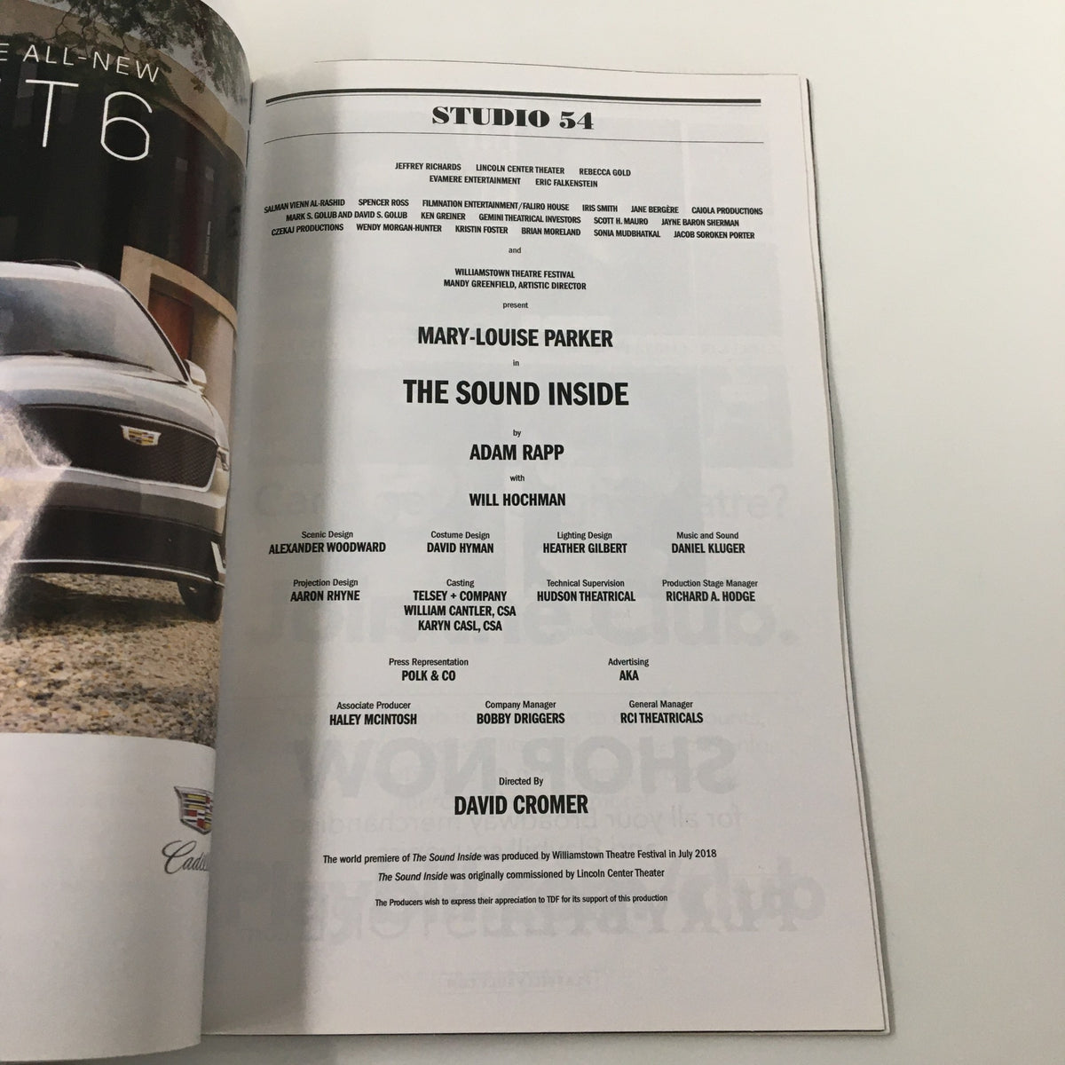 Credits page from the 2019 Playbill for The Sound Inside, listing the cast, crew, and production details including the director David Cromer and playwright Adam Rapp.