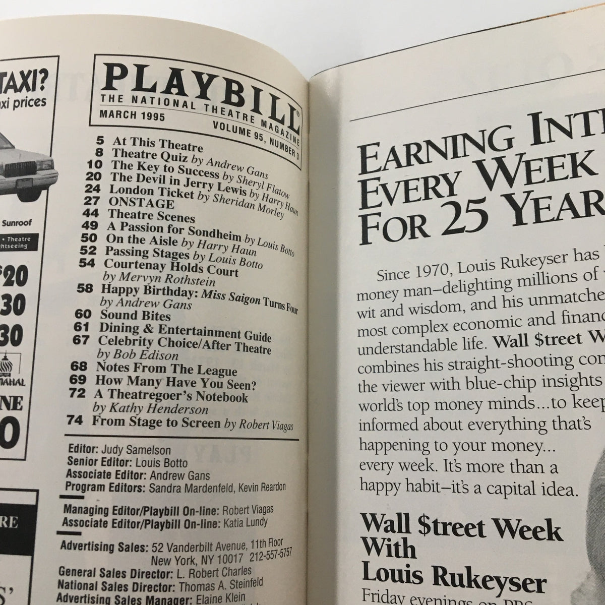 Inside page of the 1995 Playbill from Minskoff Theatre, including details and listings for the March 1995 issue.
