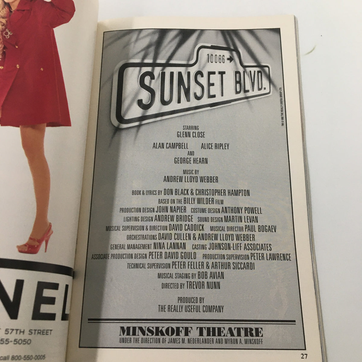 Another inside page showcasing the cast and creative team of the 1995 'Sunset Blvd.' Playbill from Minskoff Theatre.