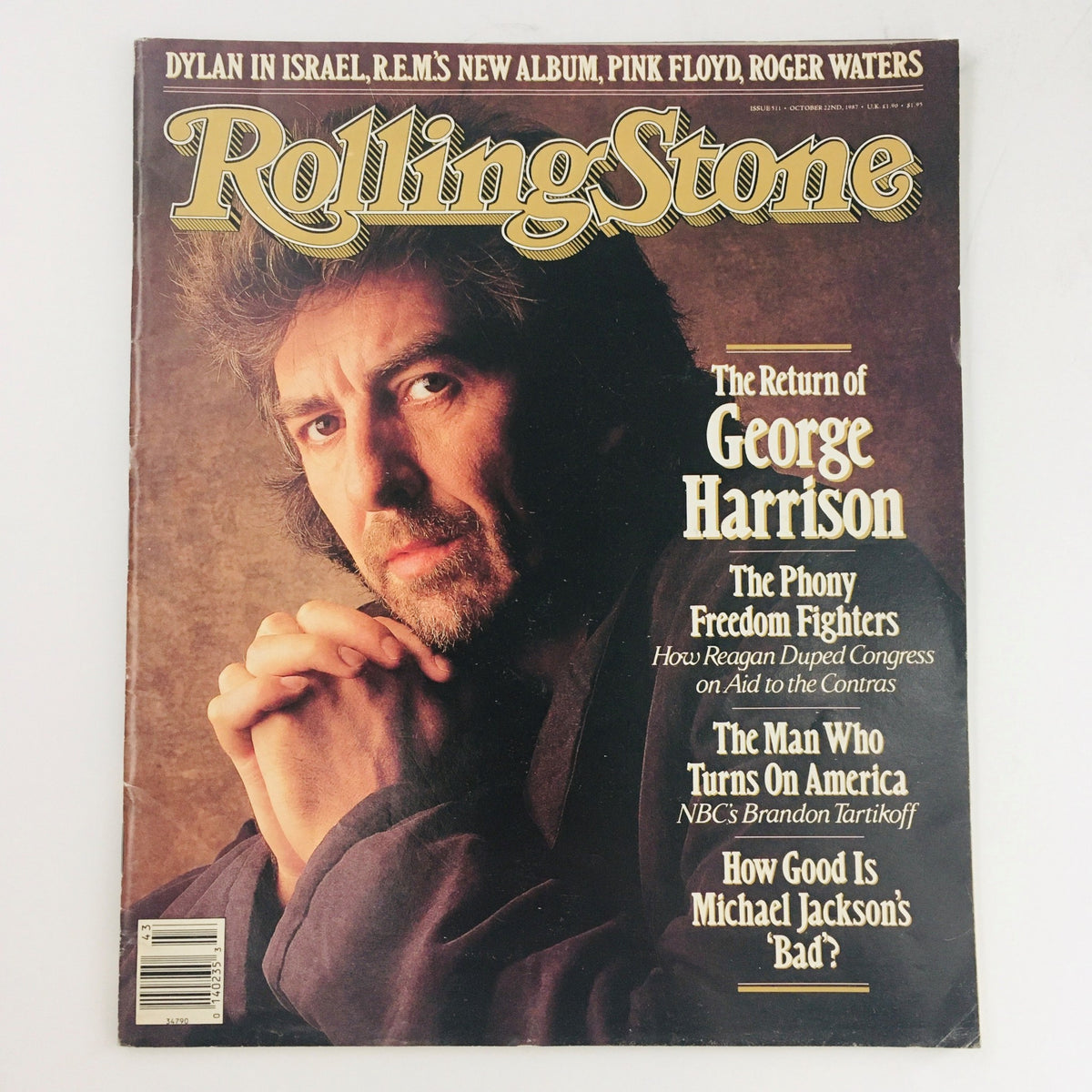 Cover of Rolling Stone Magazine Issue 511 from October 22, 1987, featuring George Harrison, showcasing articles about his return and other cultural topics of the late '80s.