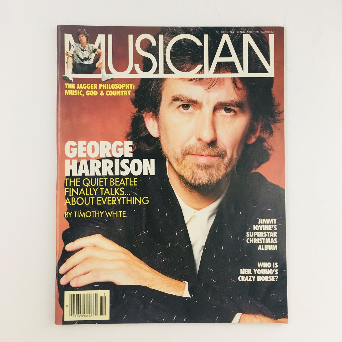 Cover of Musician Magazine November 1987 featuring George Harrison with the headline 'The Quiet Beatle Finally Talks... About Everything' along with an article by Timothy White, showcasing insights into music history.