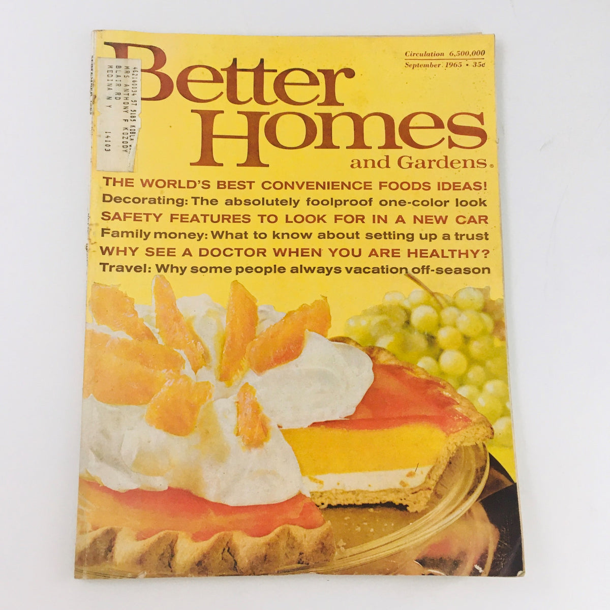 Cover of Better Homes & Gardens Magazine September 1965 showcasing convenience food ideas, featuring a vibrant dessert and articles on home and health.