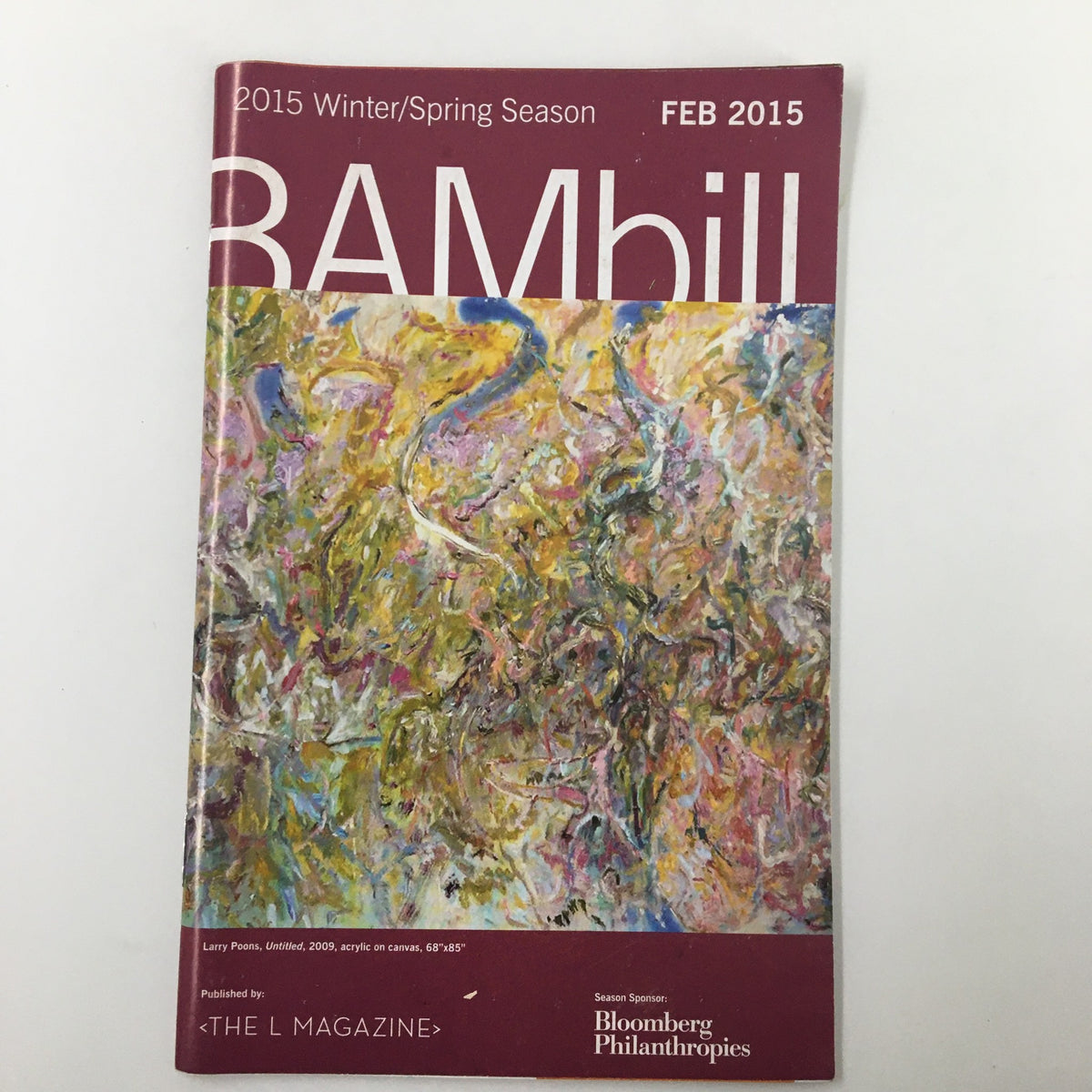 Cover of the February 2015 issue of BAMbill, featuring abstract artwork, related to the 2015 Bambill Goodman Theatre's production of The Iceman Cometh by Eugene O'Neill.