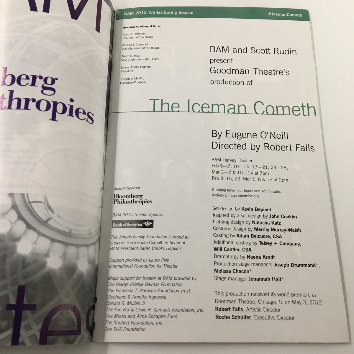 Playbill for the 2015 production of The Iceman Cometh by Eugene O'Neill at the Goodman Theatre, featuring details about the performance and its creative team, presented by BAM and Scott Rudin.