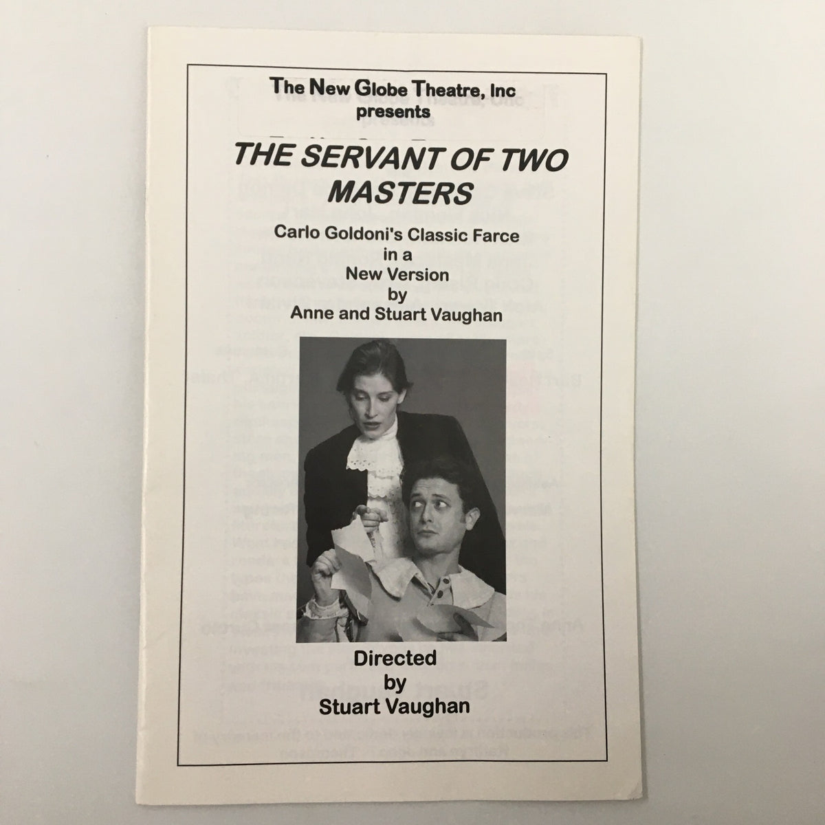 The Servant of Two Masters playbill from 1979, presented by The New Globe Theatre Inc., featuring a classic black and white design and a description of the play directed by Stuart Vaughan.