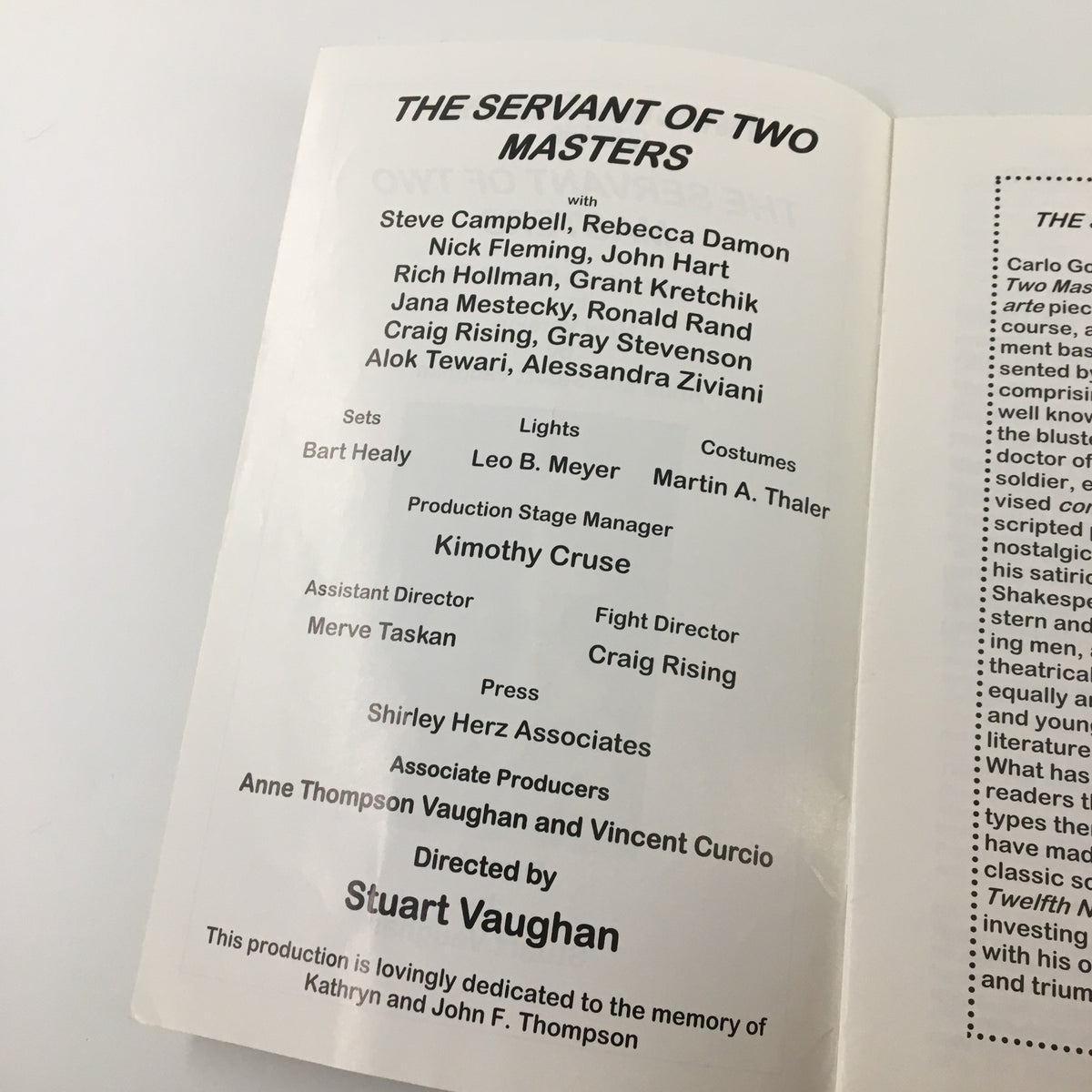 Inside view of the 1979 playbill for The Servant of Two Masters, showcasing cast and crew details, including director Stuart Vaughan, at The New Globe Theatre Inc.
