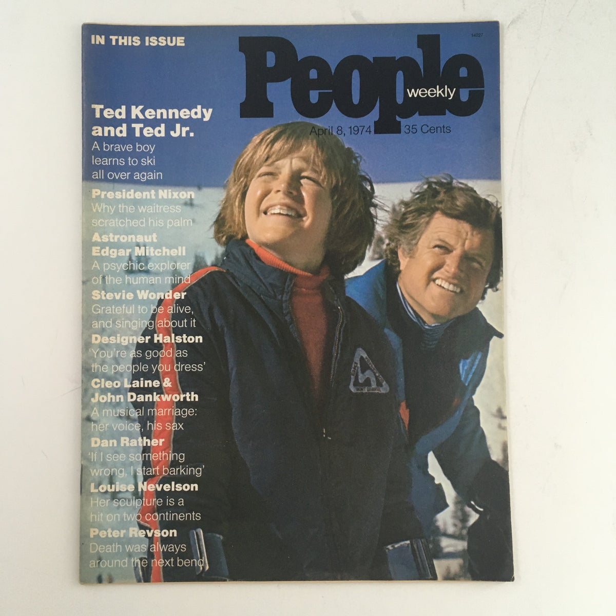 People Weekly Magazine cover from April 8, 1974 featuring Ted Kennedy and Ted Kennedy Jr., showcasing a playful moment with smiles against a colorful background, reflecting the magazine's historical significance.