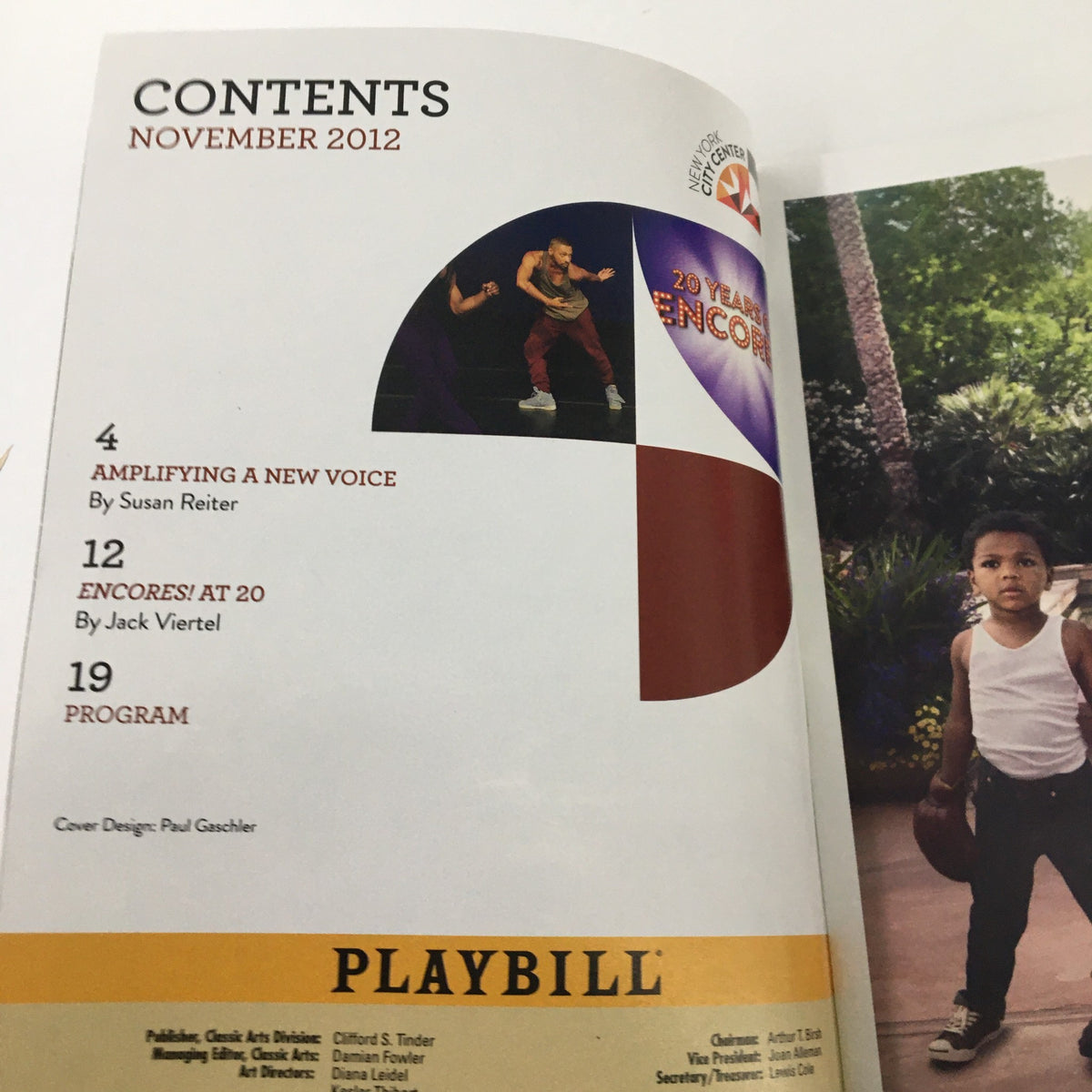 2012 Playbill New York City Center 20 Years of Encore Gala Celebration contents page showcasing articles and program details.