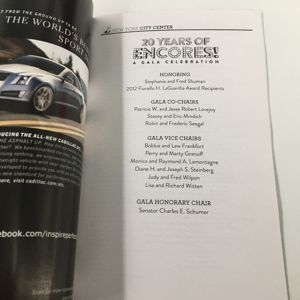 Inside view of the 2012 Playbill New York City Center 20 Years of Encore Gala Celebration, featuring the list of honorees and gala co-chairs such as Stephanie and Fred Shuman, alongside other notable contributors.