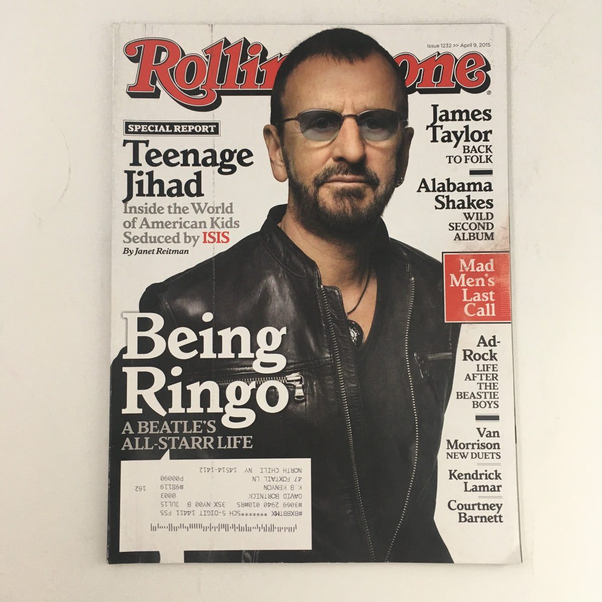 Rolling Stone Magazine April 2015 featuring Ringo Starr on the cover, showcasing a special report on his life as a Beatle and interviews with James Taylor and others.