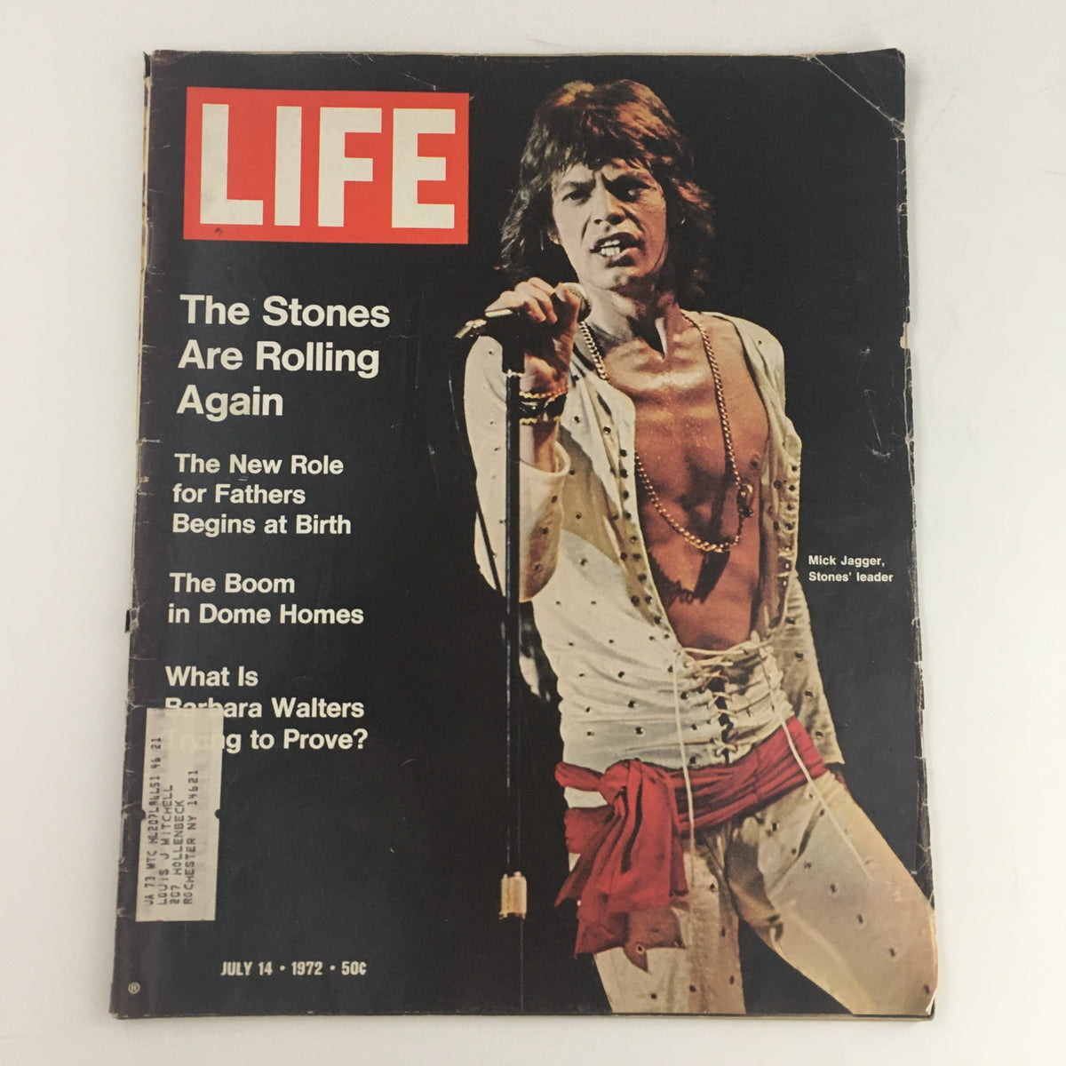 Cover of Life Magazine, July 14, 1972, featuring Mick Jagger, the lead singer of the Rolling Stones, with the headline 'The Stones Are Rolling Again' and a feature on Barbara Walters. This vintage magazine captures the essence of early 1970s culture.