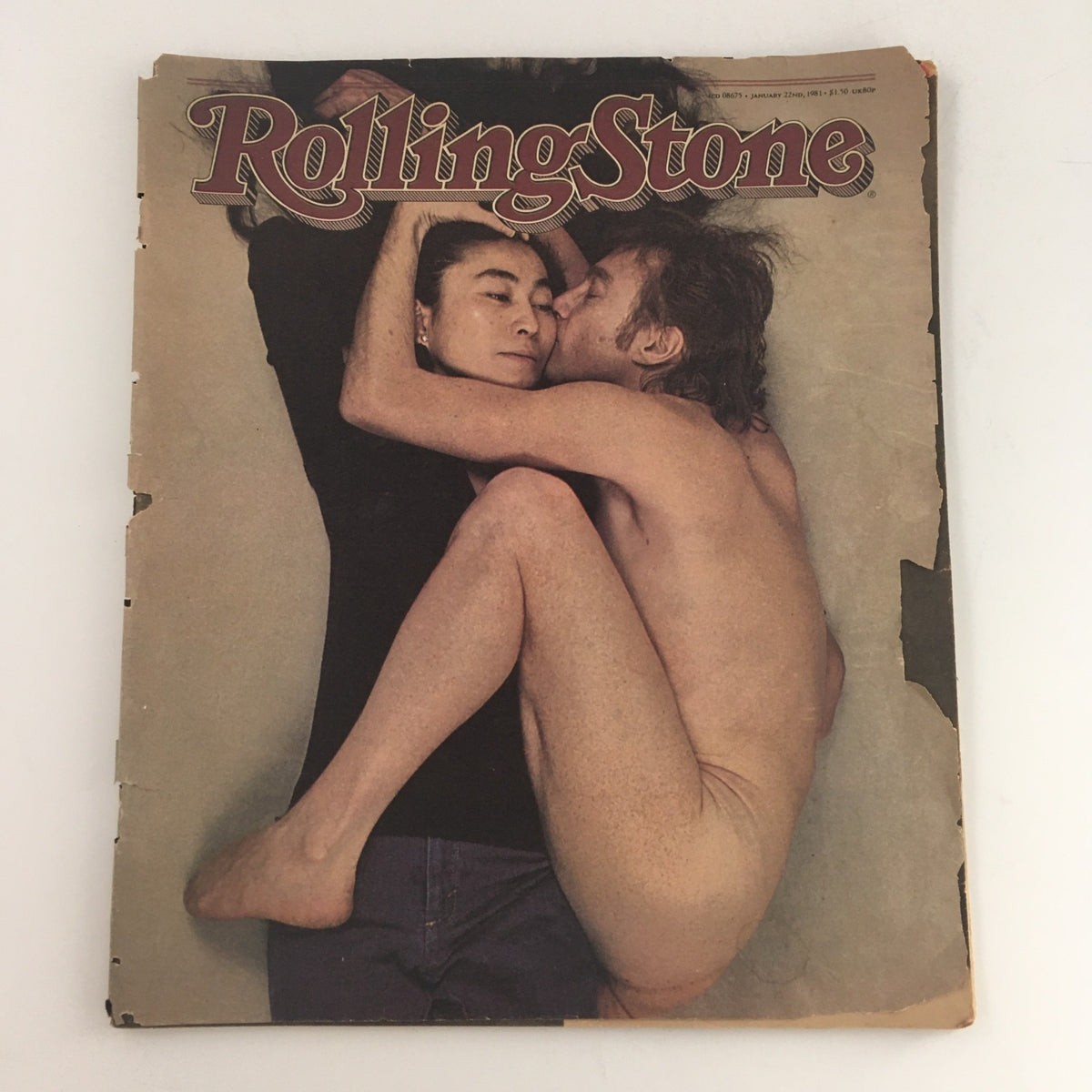 Cover of the Rolling Stone Magazine January 22 1981 featuring Yoko Ono and John Lennon in an intimate pose, highlighting the iconic couple and the cultural impact of their artistic collaboration.