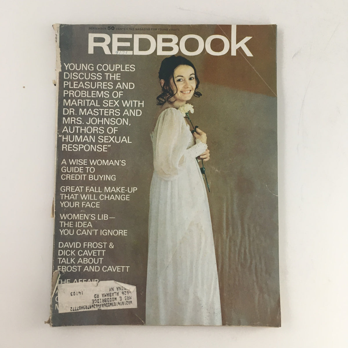 Cover of Redbook Magazine September 1970 featuring a smiling woman in a white dress, discussing topics such as marital sex and featuring David Frost and Dick Cavett.