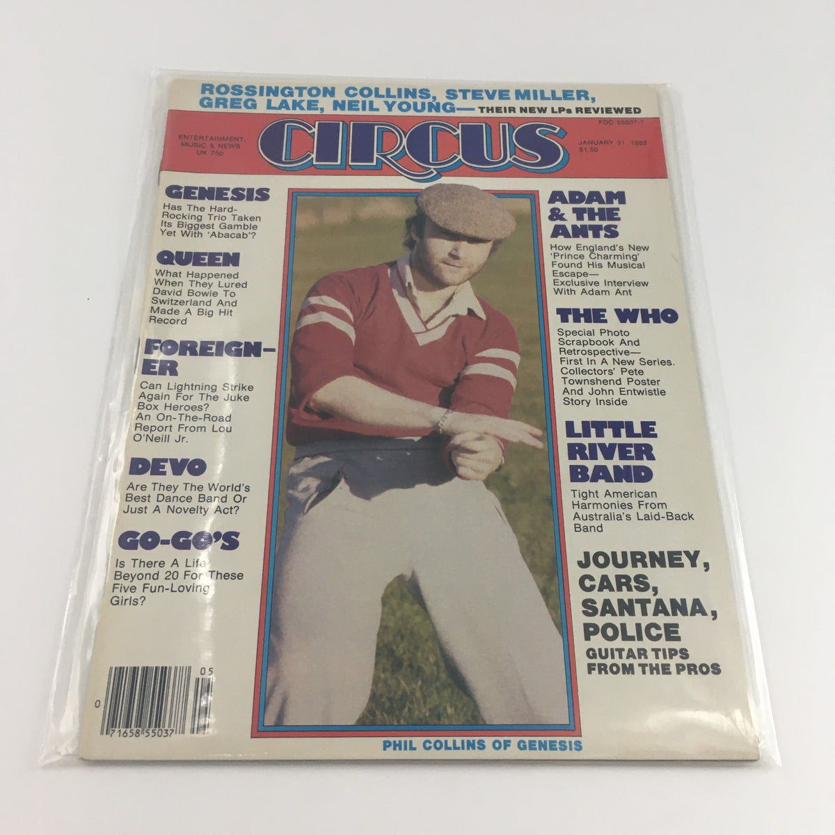 Circus Magazine January 31, 1982 with Phil Collins of Genesis on the front, preserved in plastic, showcasing iconic music stories.