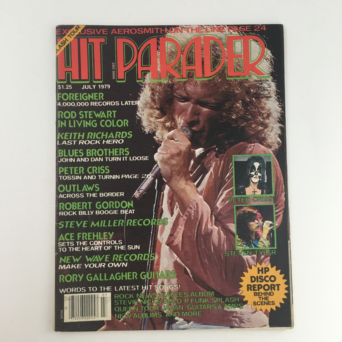 Hit Parader Magazine July 1979 featuring Rod Stewart and Steven Tyler on the cover, showcasing classic rock icons and vibrant music culture.