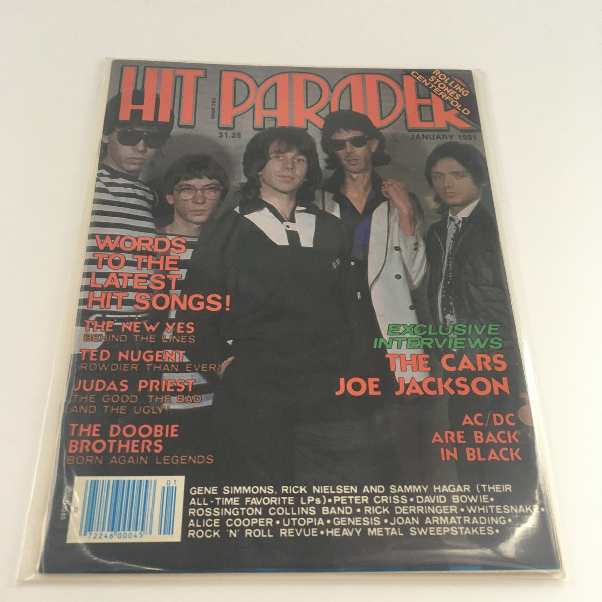 Hit Parader Magazine January 1981 protected in plastic, featuring Joe Jackson and Ted Nugent on the cover, highlighting exclusive interviews and popular music of the early 1980s.