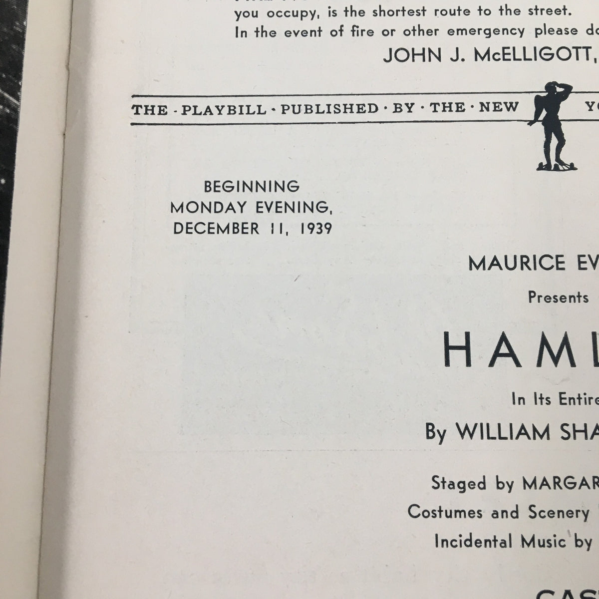 Close-up of the production details from the 1939 Playbill for Hamlet by William Shakespeare, highlighting the start date and staging information at the Forty-Fourth Street Theatre.
