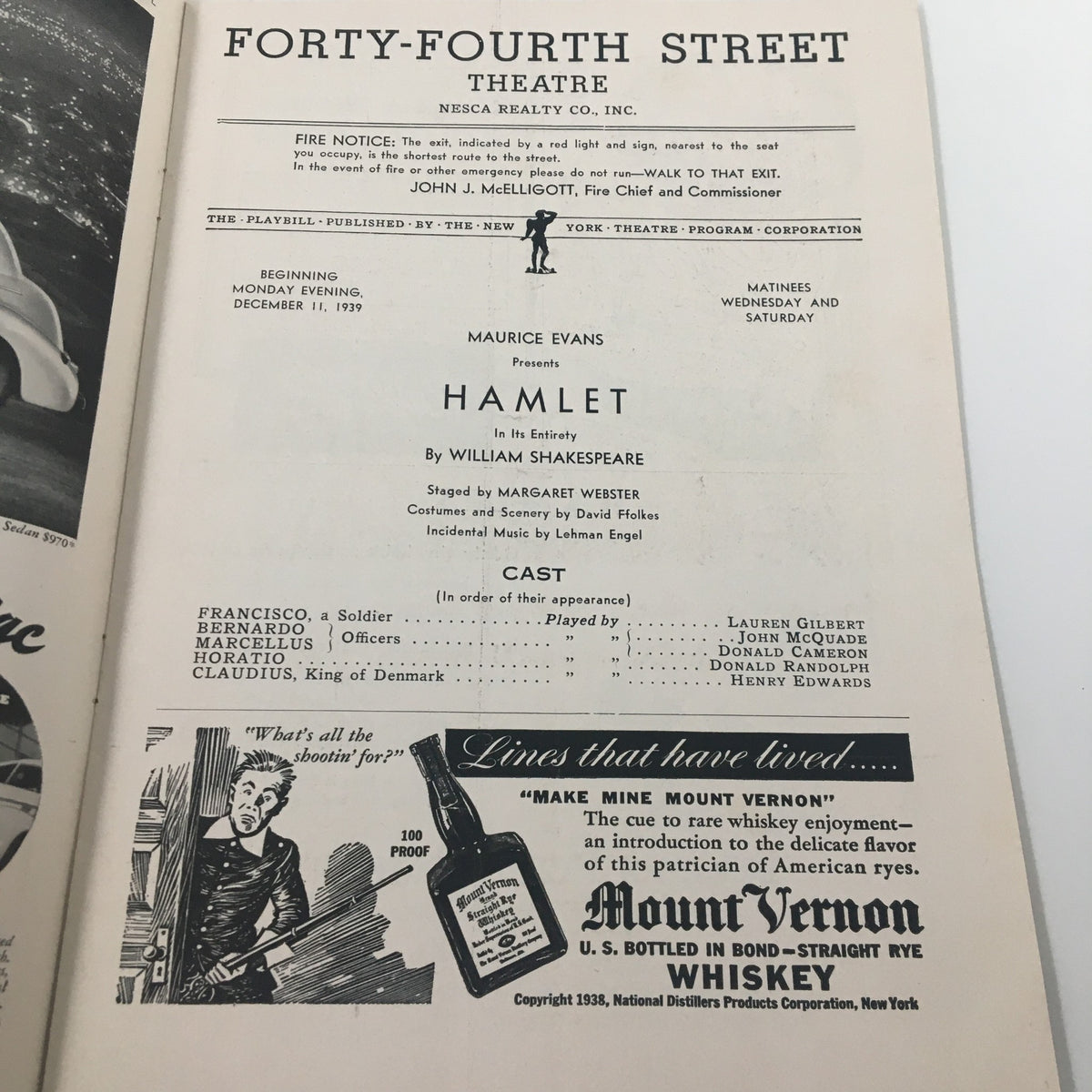 1939 Playbill for Maurice Evans' production of Hamlet at Forty-Fourth Street Theatre, featuring cast details and theatrical information.