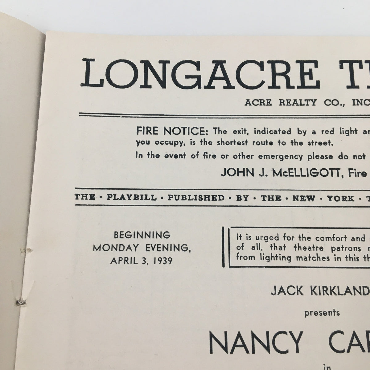 Fire notice and program information from the 1939 Playbill for 'I Must Love Someone' featuring Nancy Carroll at the Longacre Theatre.
