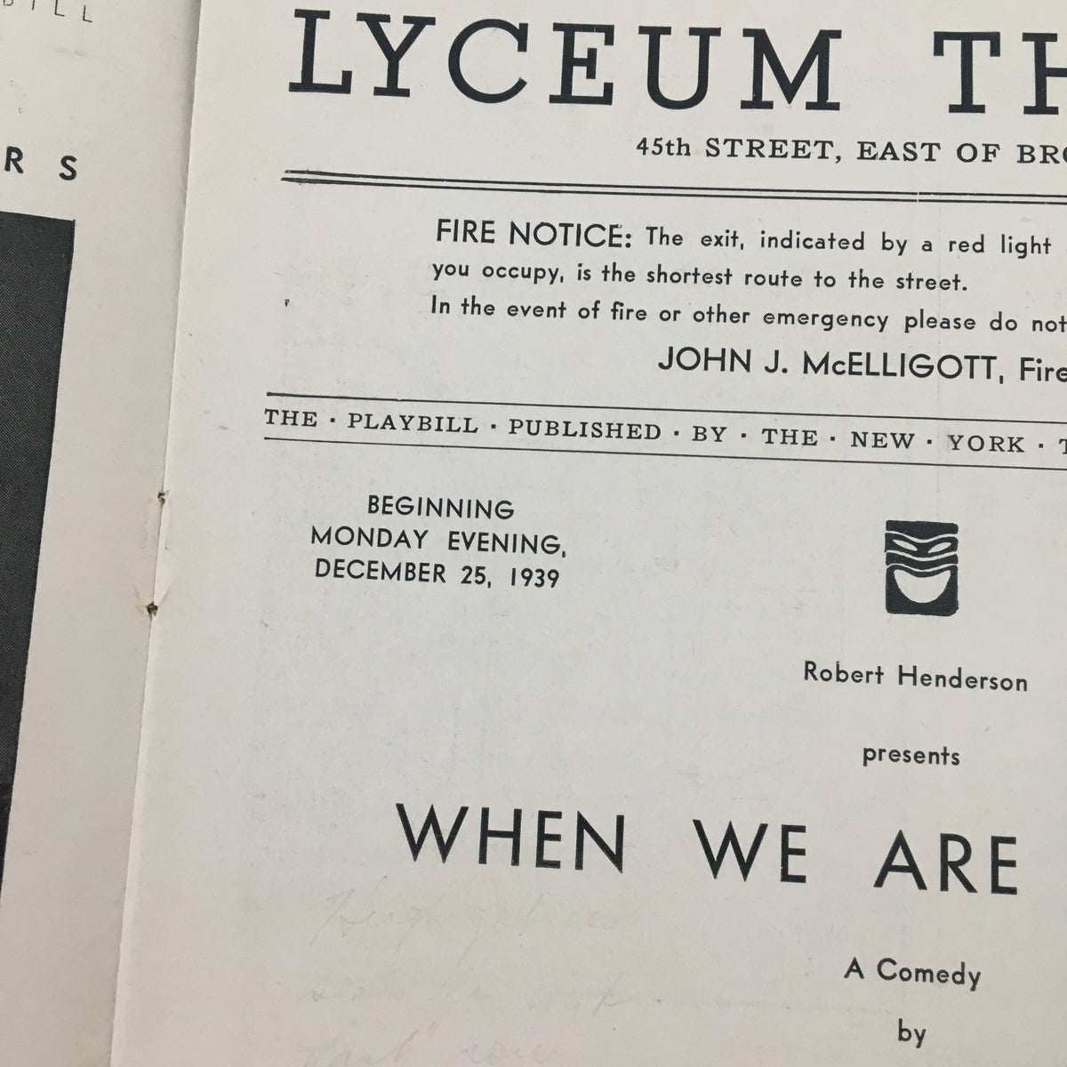 Close-up of the inner page of the 1939 Playbill for When We Are Married by J.B. Priestley, showing cast names and performance details.
