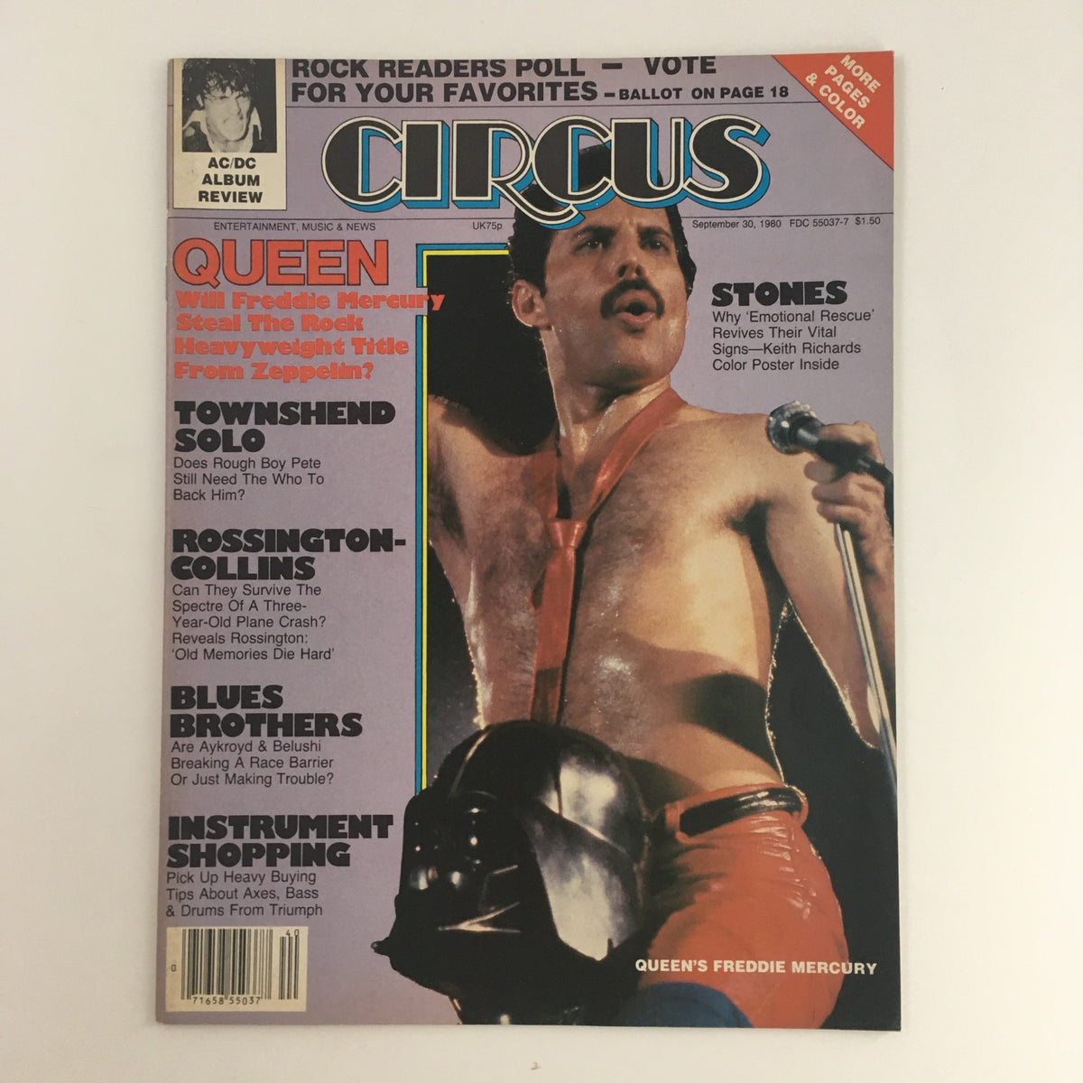 Circus Magazine September 30, 1980 featuring Queen's Freddie Mercury on the cover, showcasing a vibrant image of Freddie in a dramatic pose with microphone, encapsulating the essence of rock music at the time.