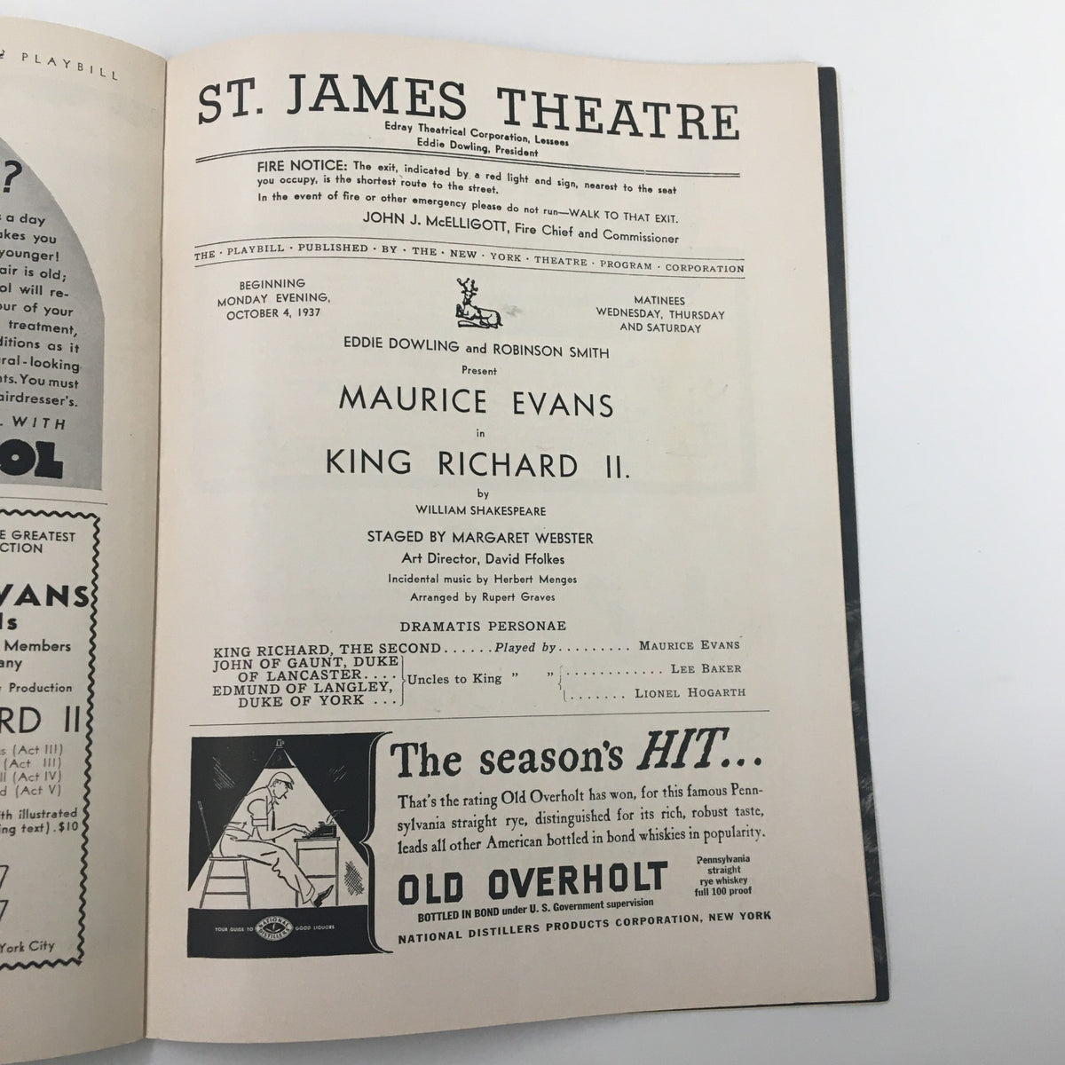 1937 Playbill St. James Theatre interior page detailing Maurice Evans in King Richard II, including performance dates and staging information.