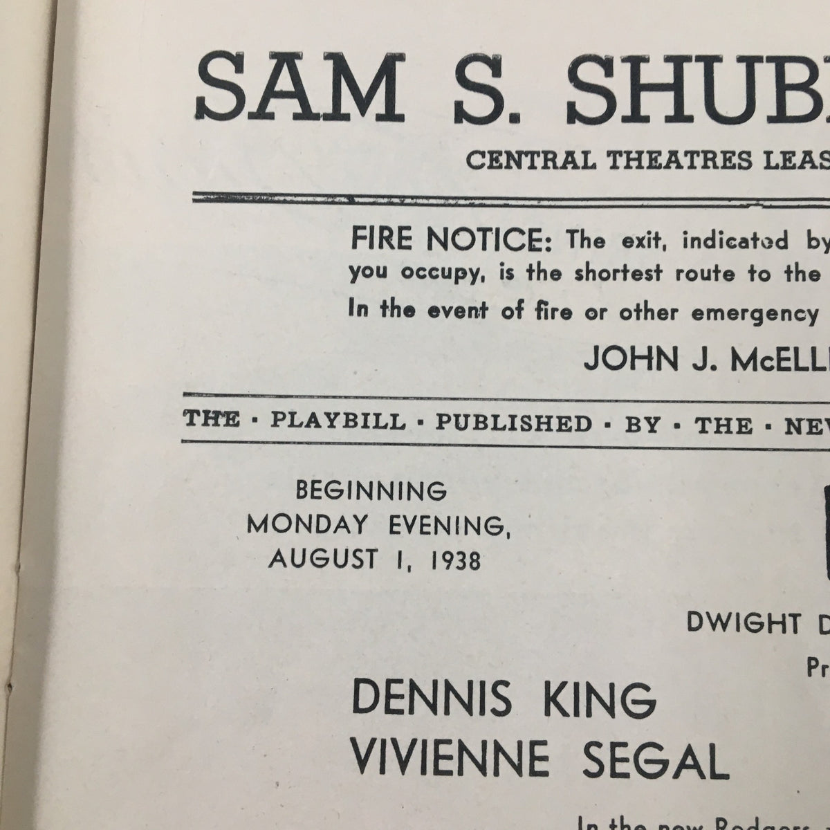 Close-up of the 1938 Playbill from the Sam S. Shubert Theatre highlighting the title 'I Married An Angel' with key details and credits for the production.