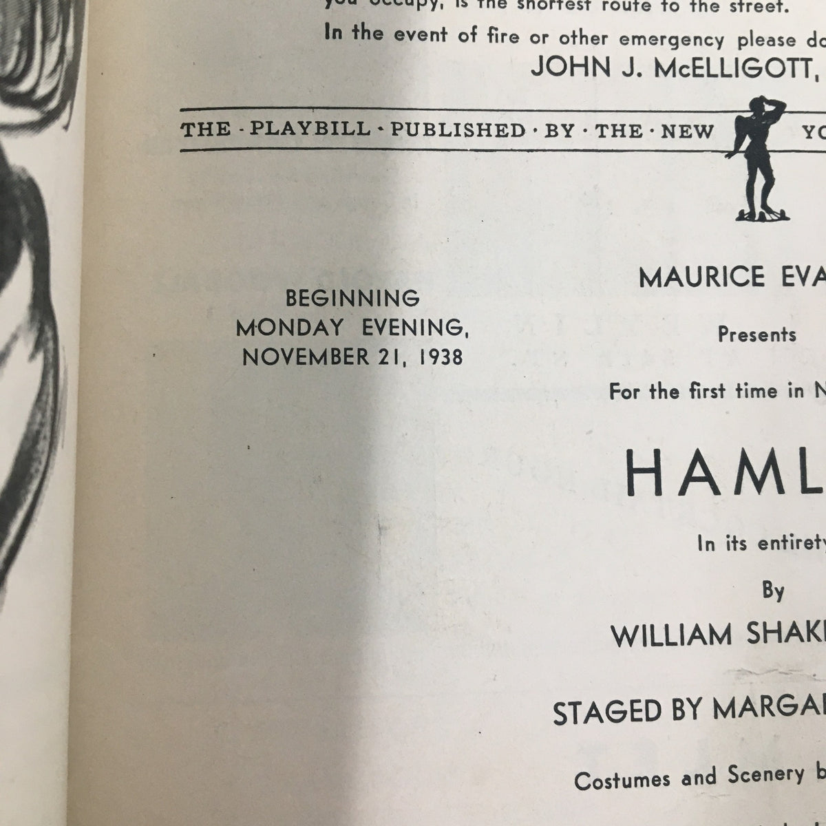 1938 Playbill for Maurice Evans' Hamlet at St. James Theatre, displaying the performance date and theatrical information.