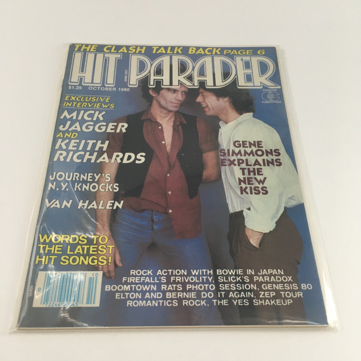 Hit Parader Magazine October 1980 in protective plastic featuring cover story on Mick Jagger and Keith Richards, alongside other major music features.